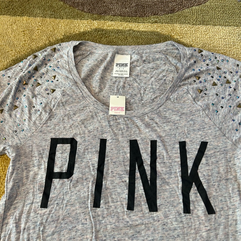 NWT Victoria’s Secret PINK Retro Grey Graphic T Shirt Rhinestones Beaded Small - Picture 2 of 6